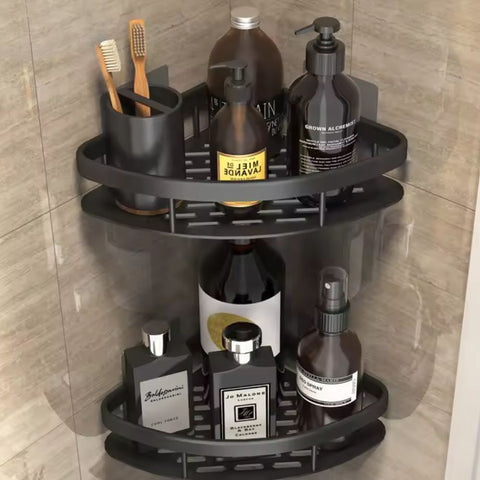 Corner shower caddy with various bottles and toiletries on a tiled wall background