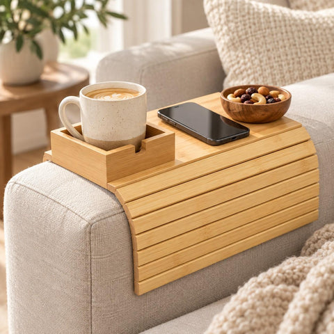 Bamboo Sofa Arm Tray with Rotating Cup Holder