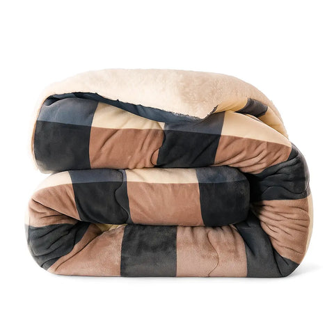 Domisana folded checkered blanket with brown, black, and beige pattern on a white background