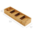 Measured bamboo drawer organizer with labeled dimensions in cm and inches

