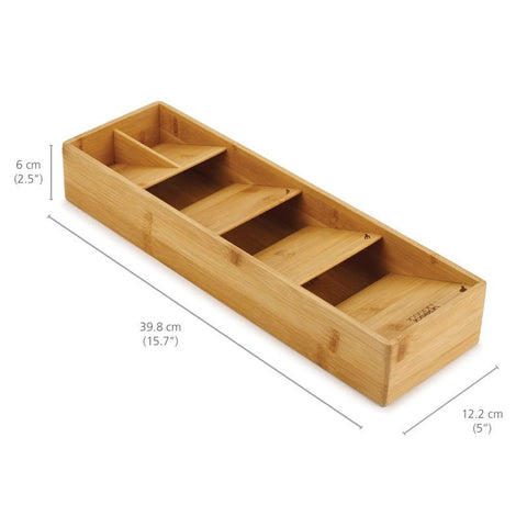 Measured bamboo drawer organizer with labeled dimensions in cm and inches

