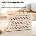 Egg holder with eggs on a kitchen counter, text indicating benefits of rolling design.