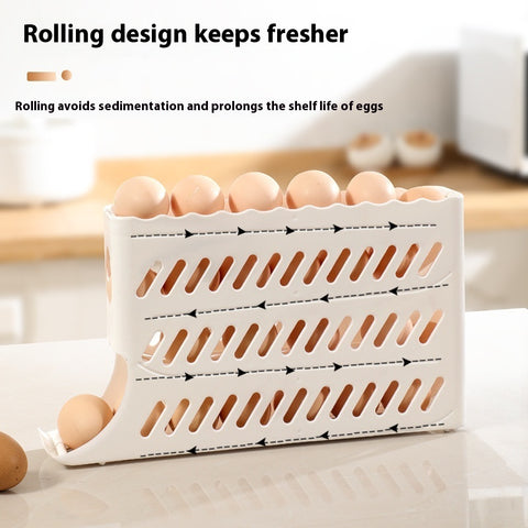 Egg holder with eggs on a kitchen counter, text indicating benefits of rolling design.
