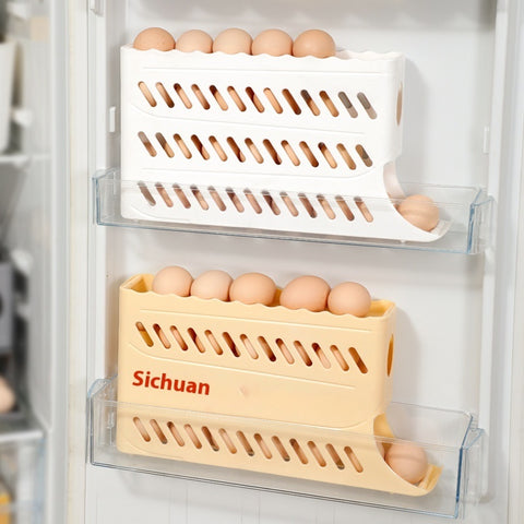Egg storage containers with eggs inside a refrigerator.