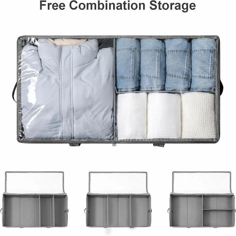 Gray storage bag with compartments containing clothes on a white background