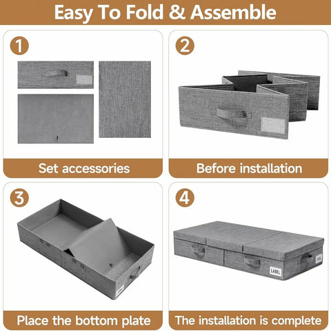 Step-by-step guide on how to assemble a gray storage box with labeled images and text.