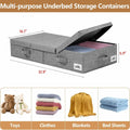 Gray underbed storage container with dimensions and uses for toys, clothes, blankets, and bed sheets.