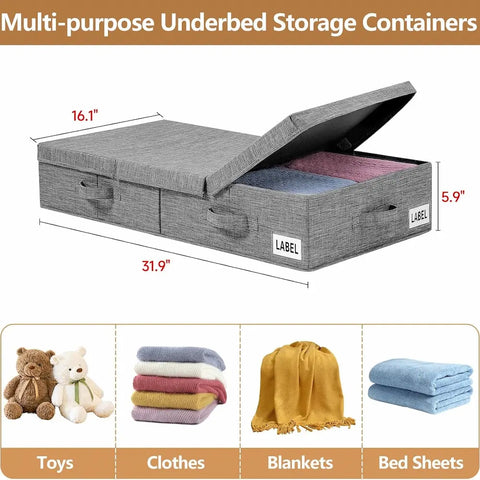 Gray underbed storage container with dimensions and uses for toys, clothes, blankets, and bed sheets.
