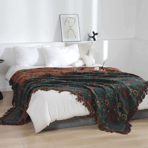 Vintage Cotton Gauze Blanket - Floral Couch Cover with Fringe