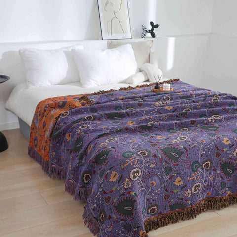 Vintage Cotton Gauze Blanket - Floral Couch Cover with Fringe
