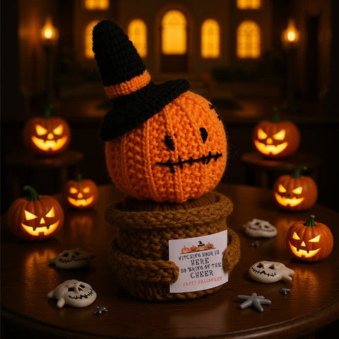 Knitted pumpkin with a witch hat on a table with Halloween decorations and glowing pumpkins in the background.