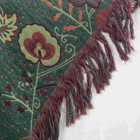 Vintage Cotton Gauze Blanket - Floral Couch Cover with Fringe