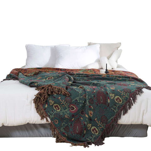 Vintage Cotton Gauze Blanket - Floral Couch Cover with Fringe