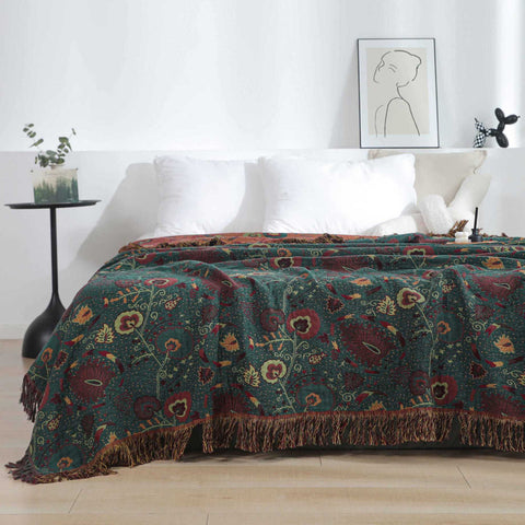 Vintage Cotton Gauze Blanket - Floral Couch Cover with Fringe