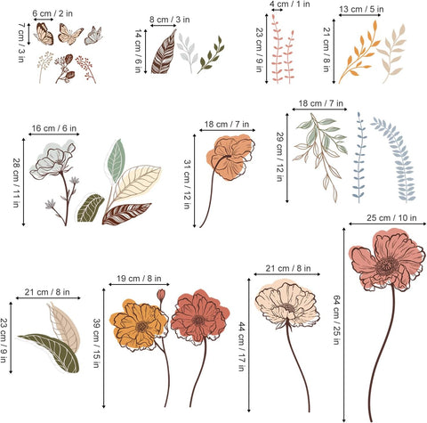 Illustrations of flowers and leaves with their dimensions on a white background