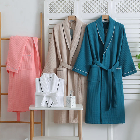 Long Sleeve Waffle Cotton Bathrobe