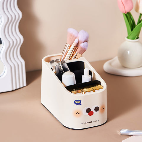 Makeup organizer with cosmetic items on a beige surface