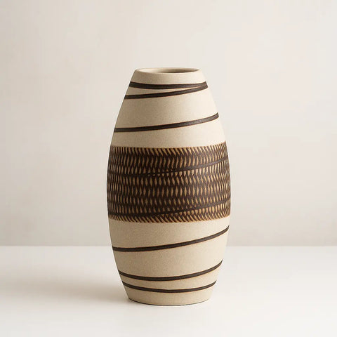 Ceramic vase with black patterns on a plain background