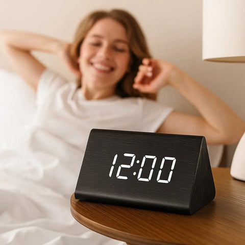 Woman in bed with a digital clock showing 12:00 on a wooden nightstand.