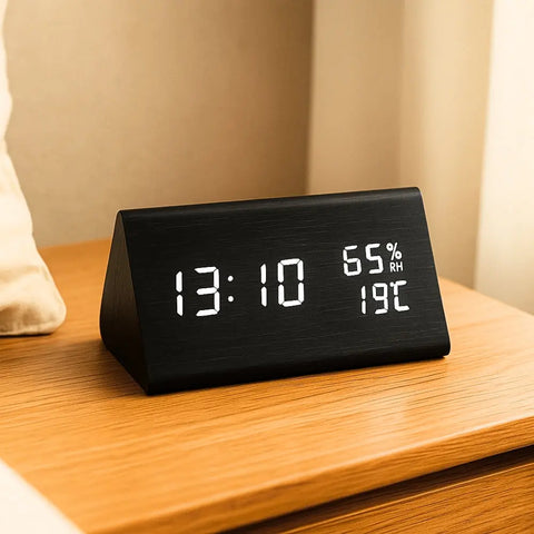 Digital clock displaying time, temperature, and humidity on a wooden surface.