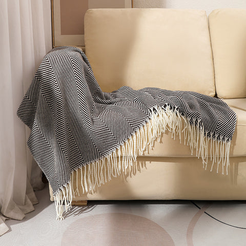 Chevron Knitted Throw Blanket with Tassels