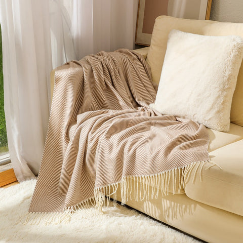 Chevron Knitted Throw Blanket with Tassels