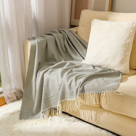 Chevron Knitted Throw Blanket with Tassels