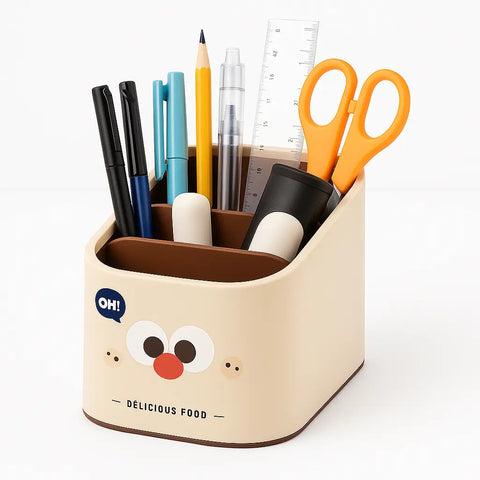 Pencil holder with stationery items on a white background