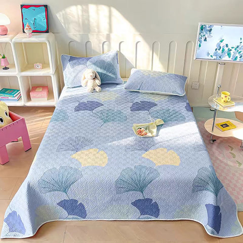 Blue Ginkgo Leaf Cotton Quilt Set