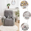Gray armchair with a quilted cover, cat sitting on it, and close-ups of food, pet fur, and scratching.