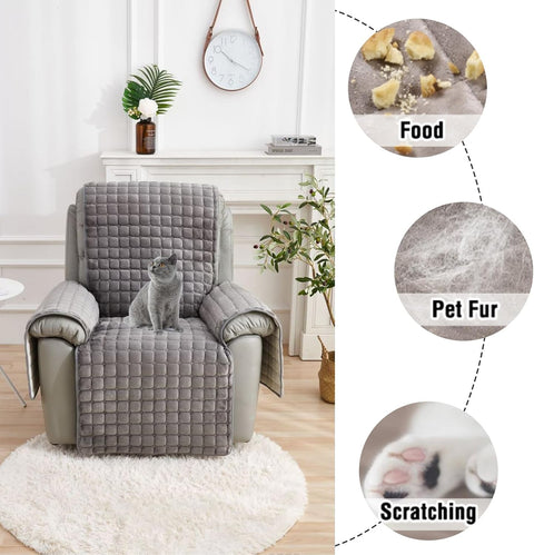 Gray armchair with a quilted cover, cat sitting on it, and close-ups of food, pet fur, and scratching.