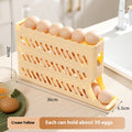 Beige egg holder with eggs on a kitchen counter, showing dimensions.
