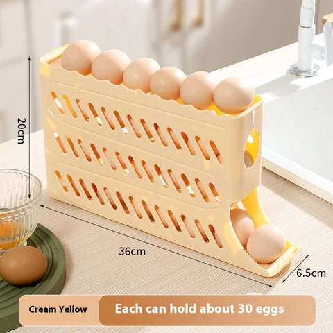 Beige egg holder with eggs on a kitchen counter, showing dimensions.