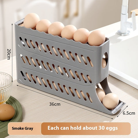 Egg holder with eggs on a kitchen counter, showing dimensions and capacity.