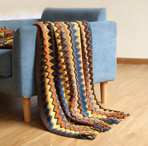 Chevron Knit Throw Blanket with Tassels