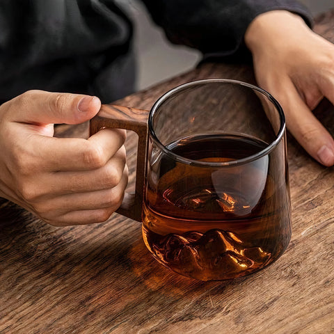 Guanshan Mountain Glass Coffee Mug with Wooden Handle