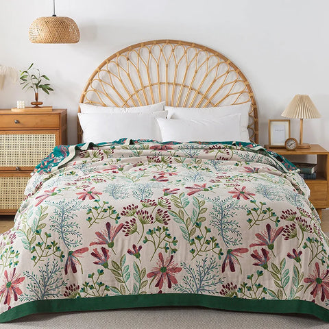 Cotton Gauze Throw Blanket - Reversible Floral Blanket