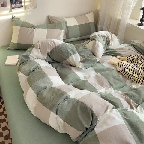 Cotton Check Duvet Cover Dorm Bedding Set