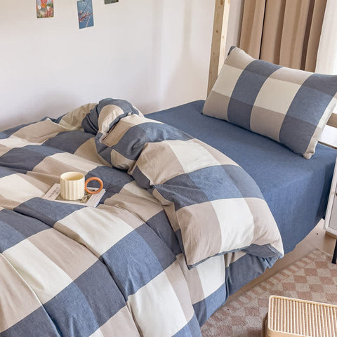 Cotton Check Duvet Cover Dorm Bedding Set