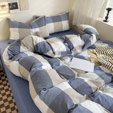 Cotton Check Duvet Cover Dorm Bedding Set