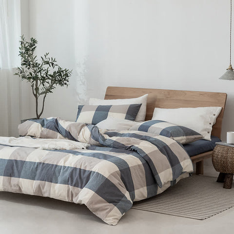 Cotton Check Duvet Cover Dorm Bedding Set
