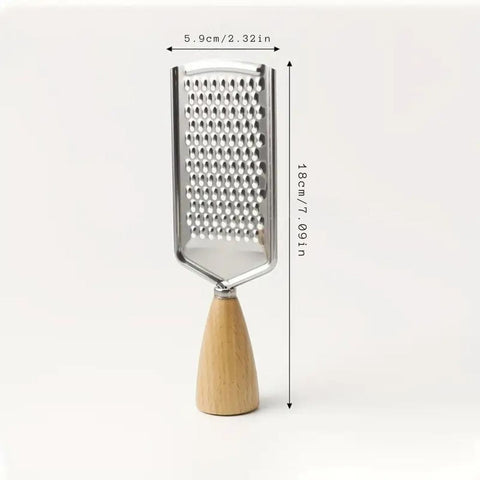 Rectangular grater with wooden handle on a white background, showing dimensions.