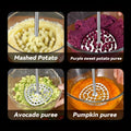 Four images showing different purees being mashed with a potato masher.