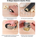 Step-by-step guide on using a garlic press with images and text.