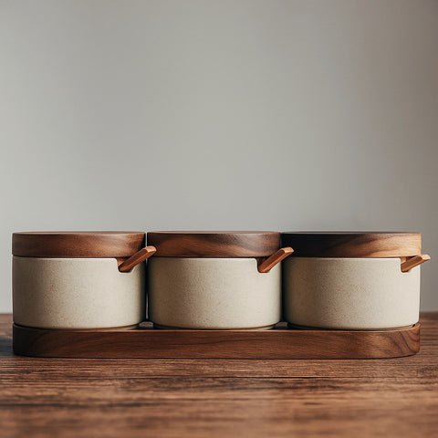 Three ceramic containers with wooden lids and handles on a wooden surface.
