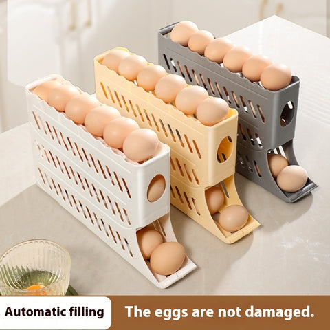 Three egg storage baskets with eggs on a light surface.