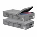 Two gray storage boxes with labels on a white background