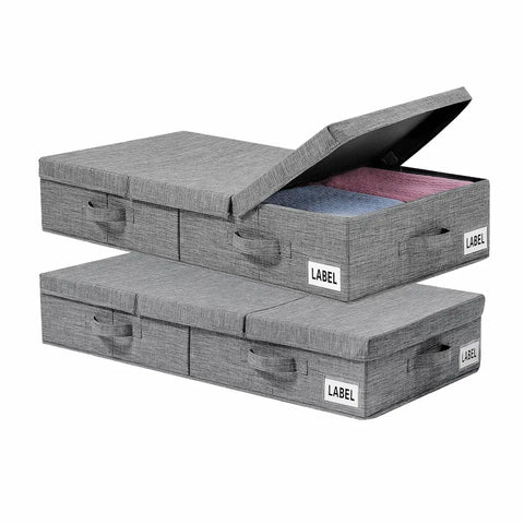 Two gray storage boxes with labels on a white background