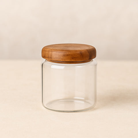 Small 220ml Acacia glass storage jar with wood lid for herbs and spices