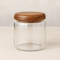 Medium 380ml Acacia glass storage jar with wooden lid for tea or flowers